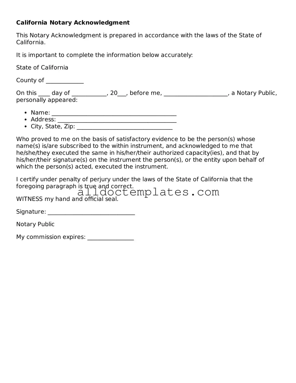 Free Notary Acknowledgement Document for California State