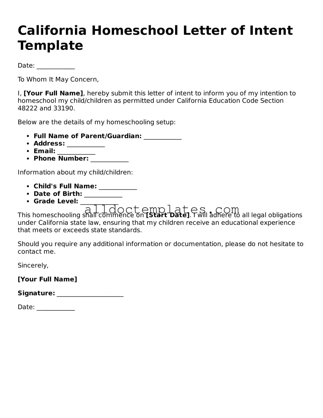 Free Homeschool Letter of Intent Document for California State