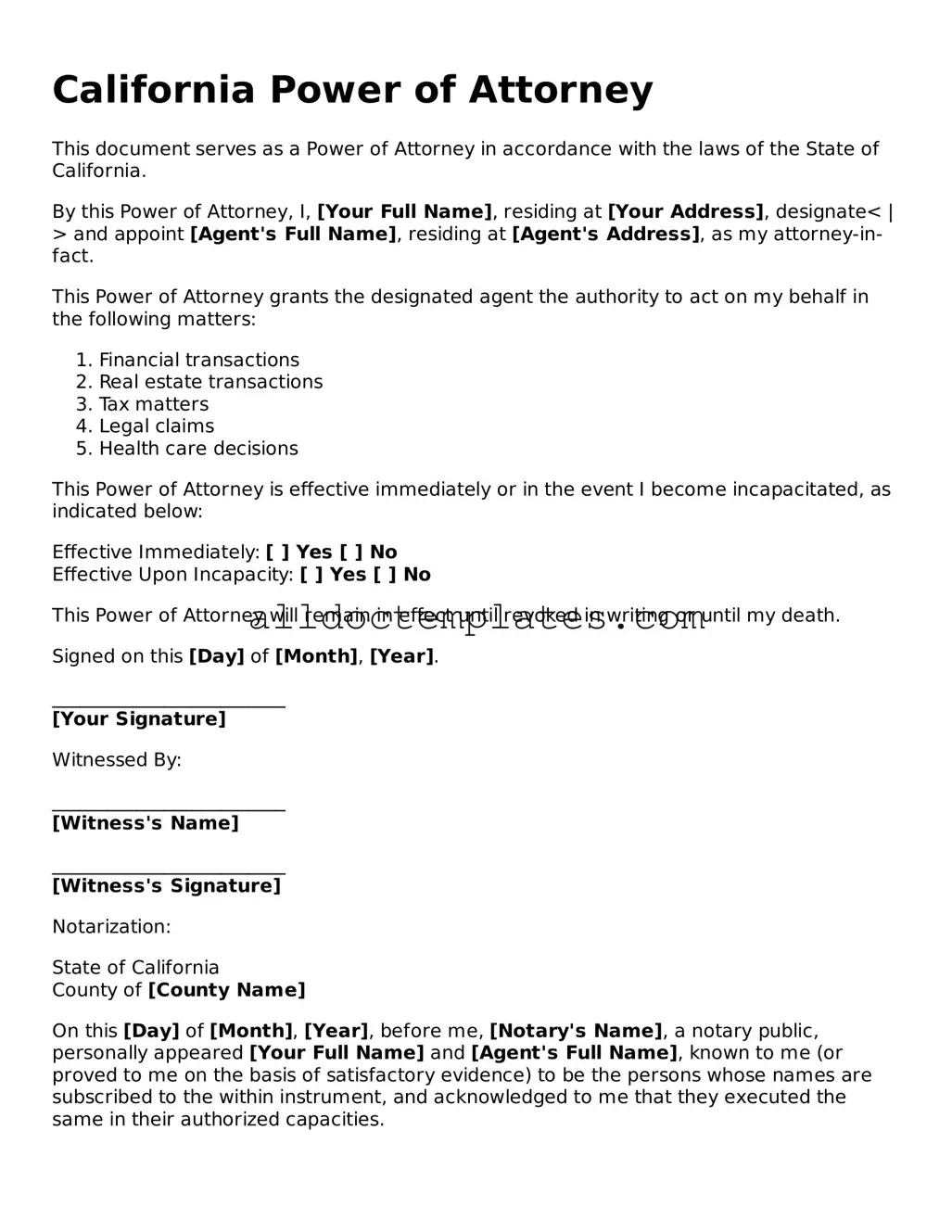Free Power of Attorney Document for California State