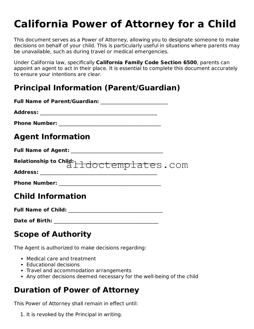 Free Power of Attorney for a Child Document for California State