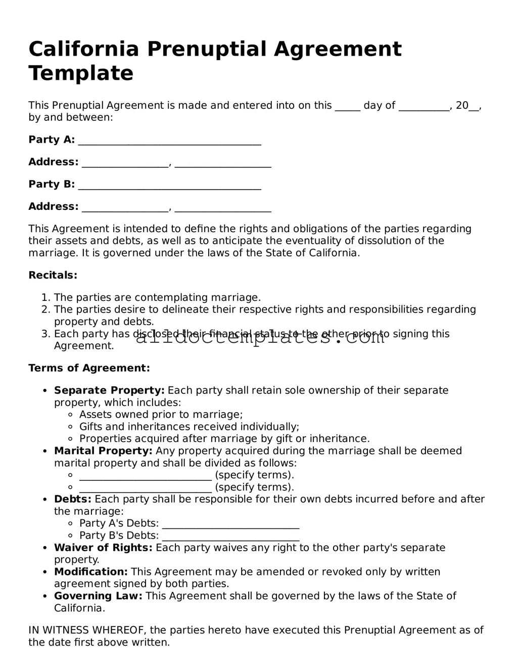 Free Prenuptial Agreement Document for California State