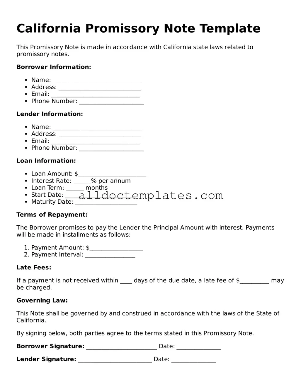 Free Promissory Note Document for California State