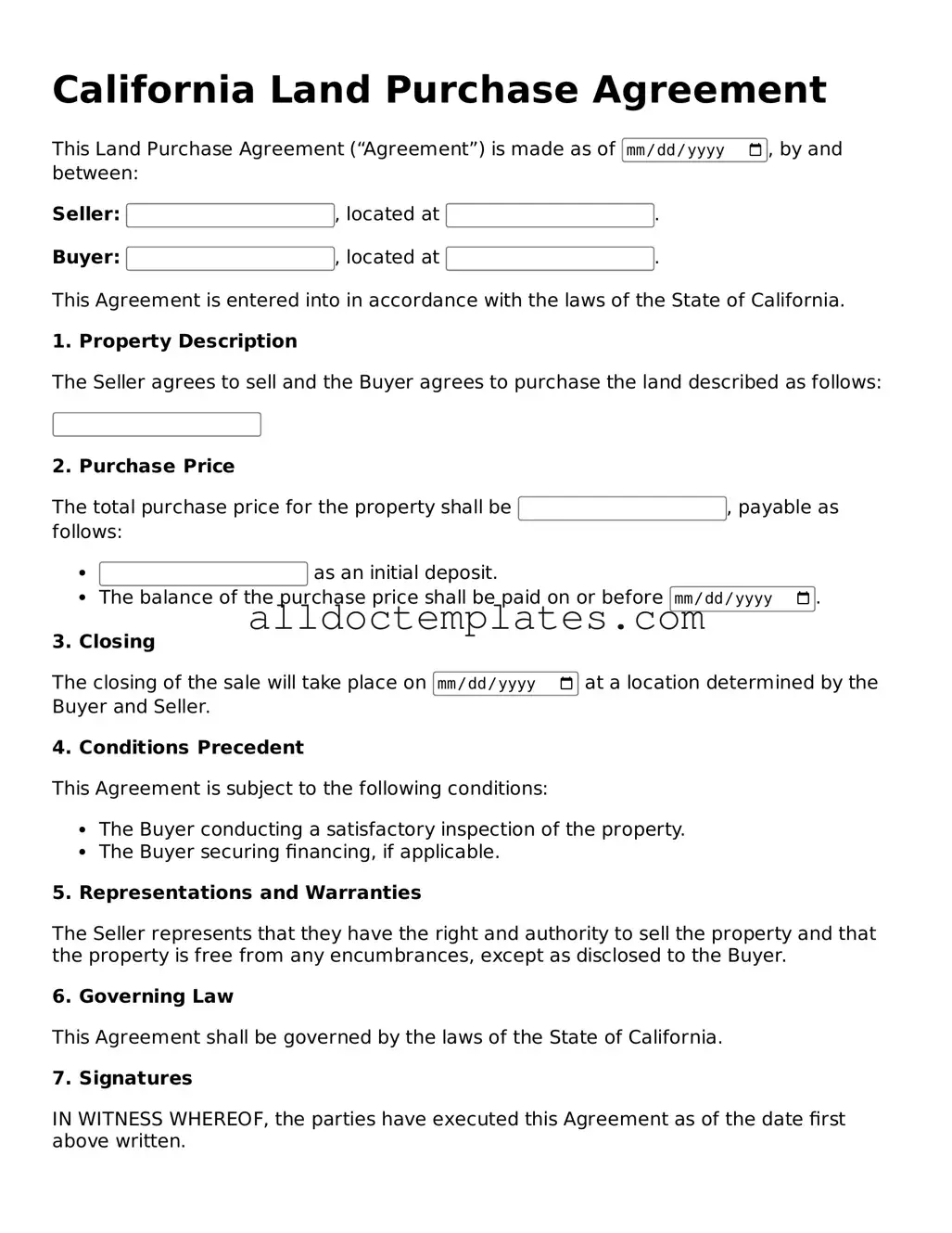 Free Land Purchase Agreement Document for California State