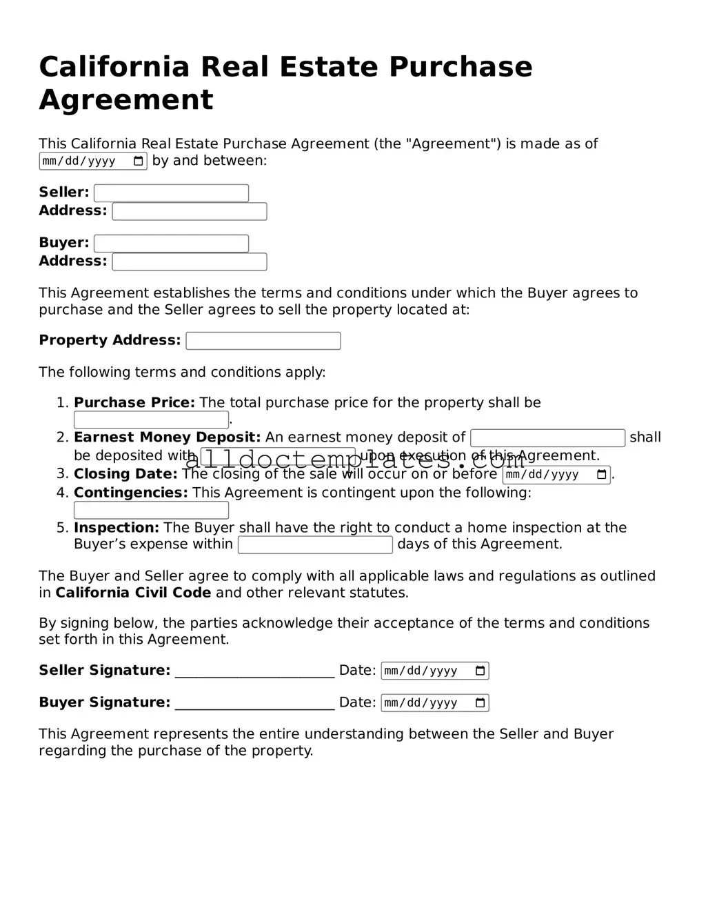 Free Real Estate Purchase Agreement Document for California State