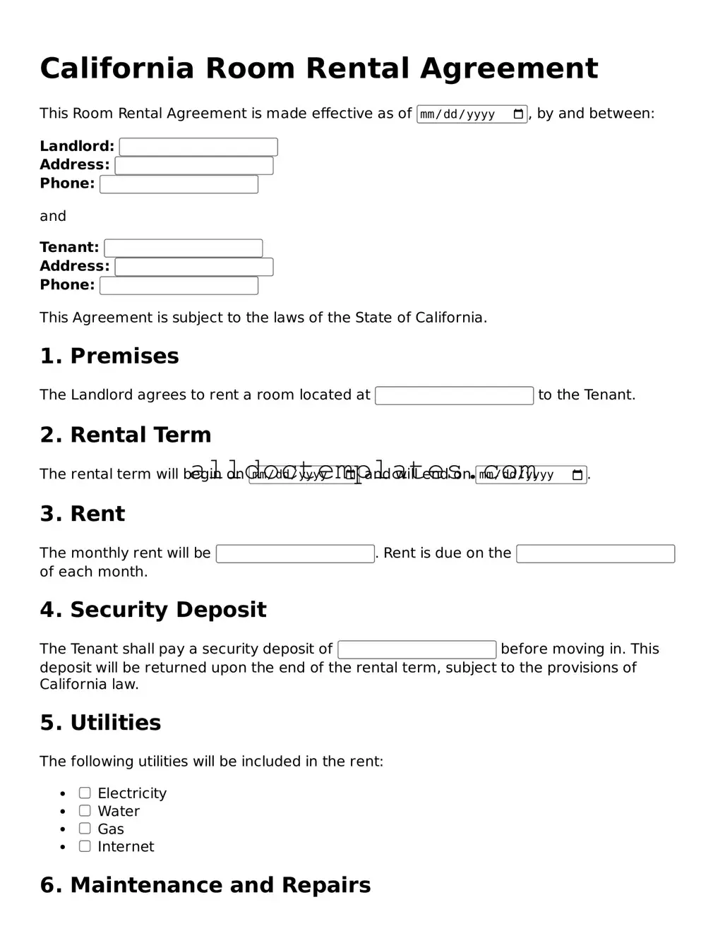 Free Room Rental Agreement Document for California State