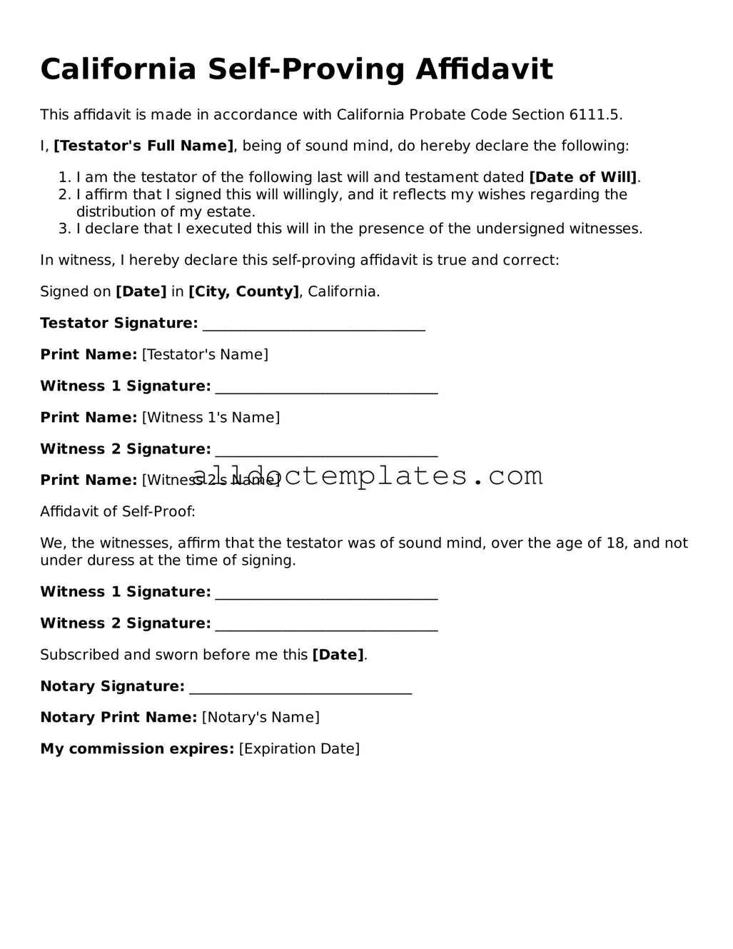 Free Self-Proving Affidavit Document for California State
