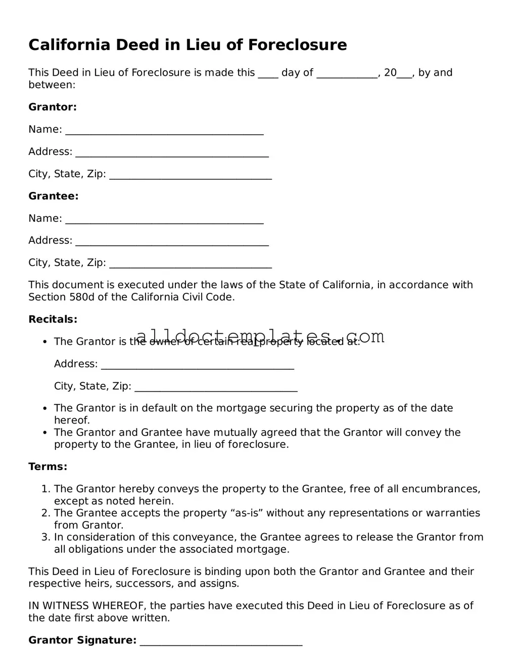 Free Deed in Lieu of Foreclosure Document for California State