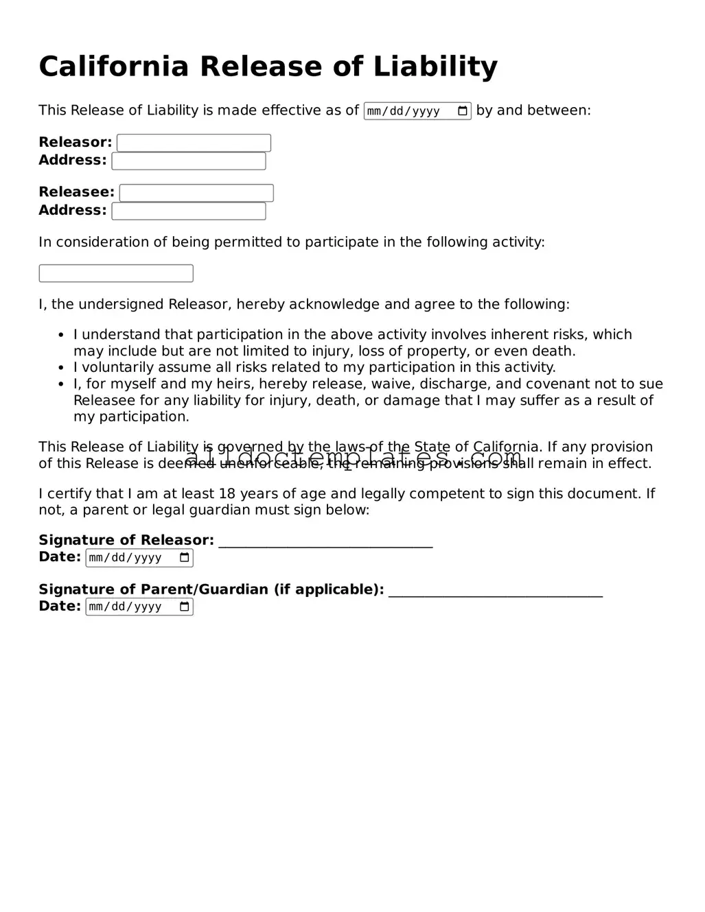 Free Release of Liability Document for California State