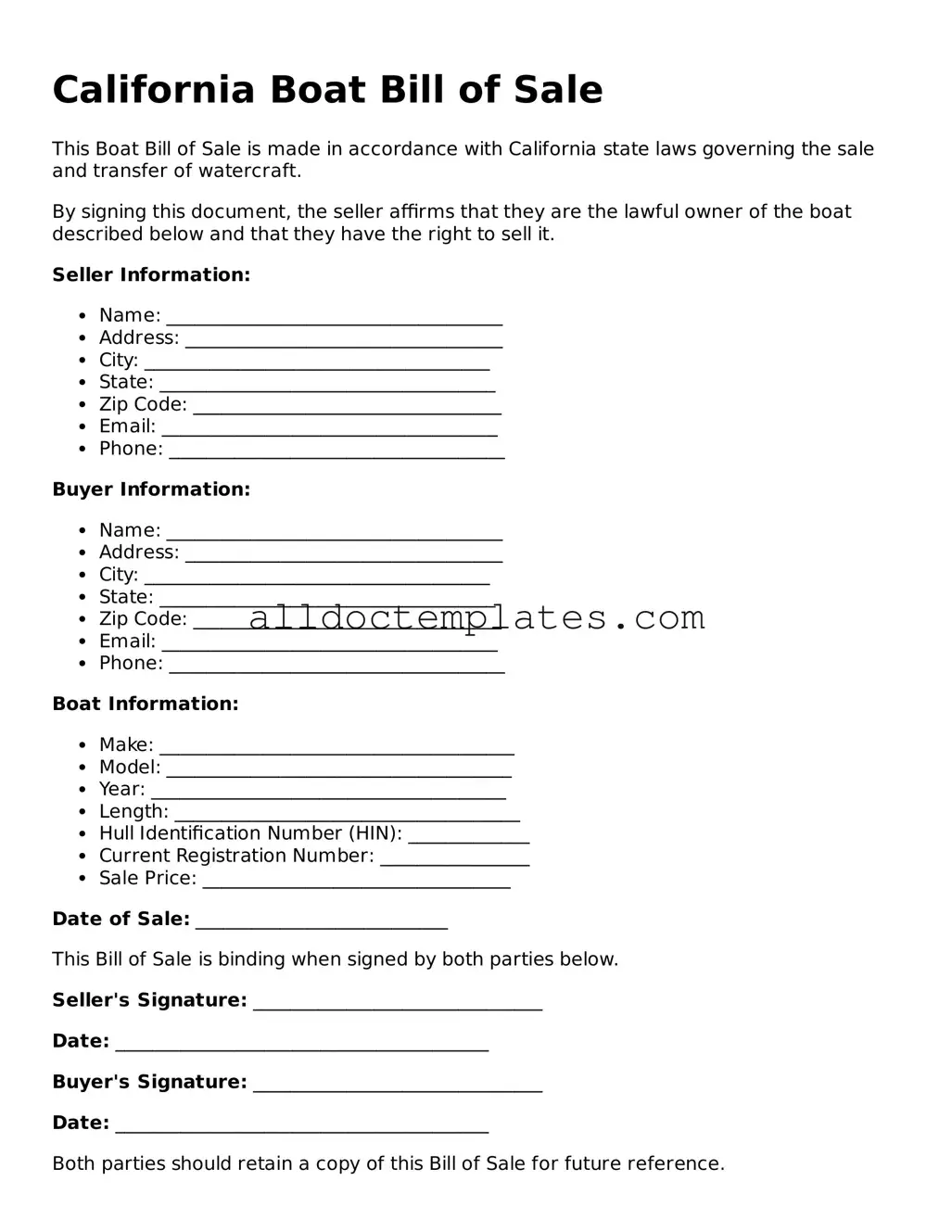Free Boat Bill of Sale Document for California State