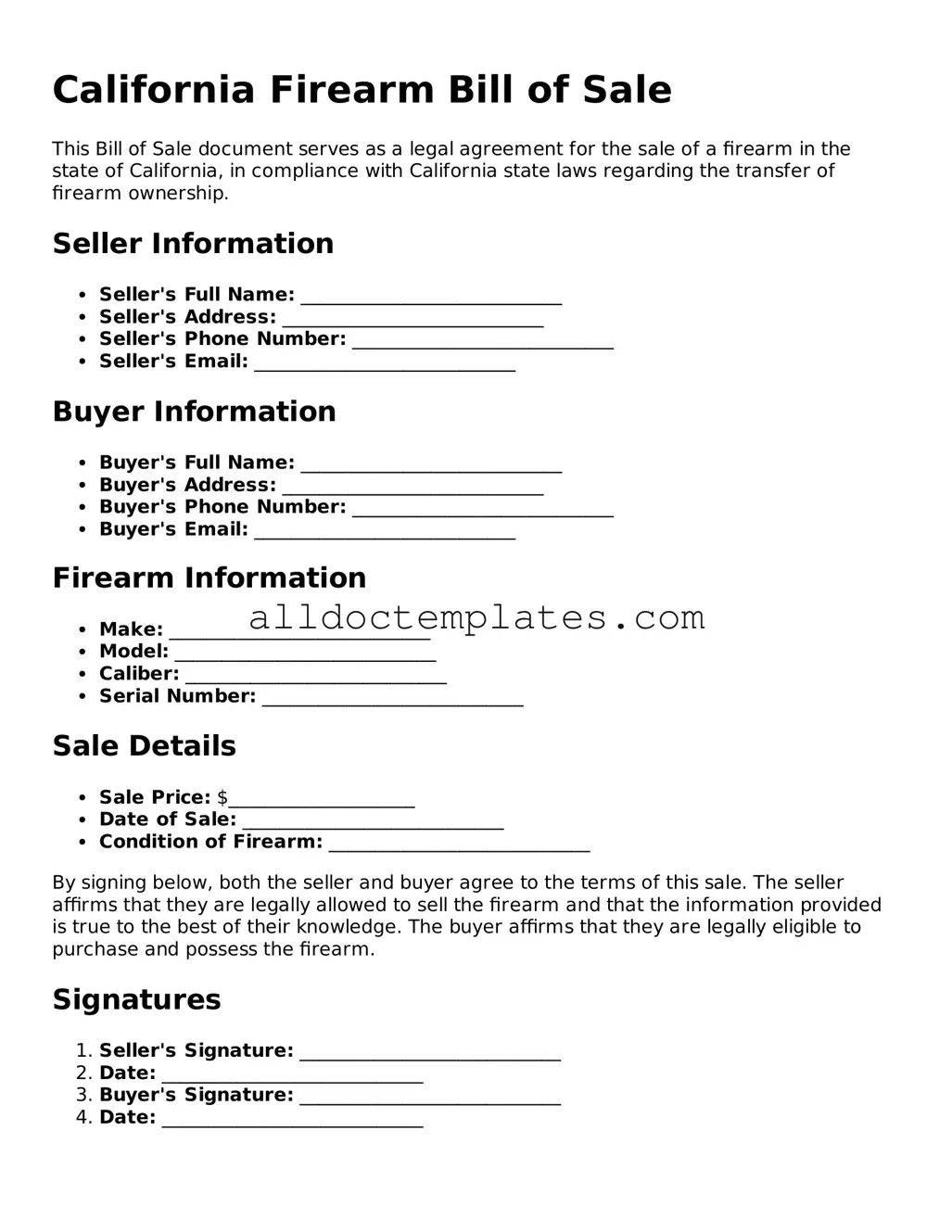 Free Firearm Bill of Sale Document for California State