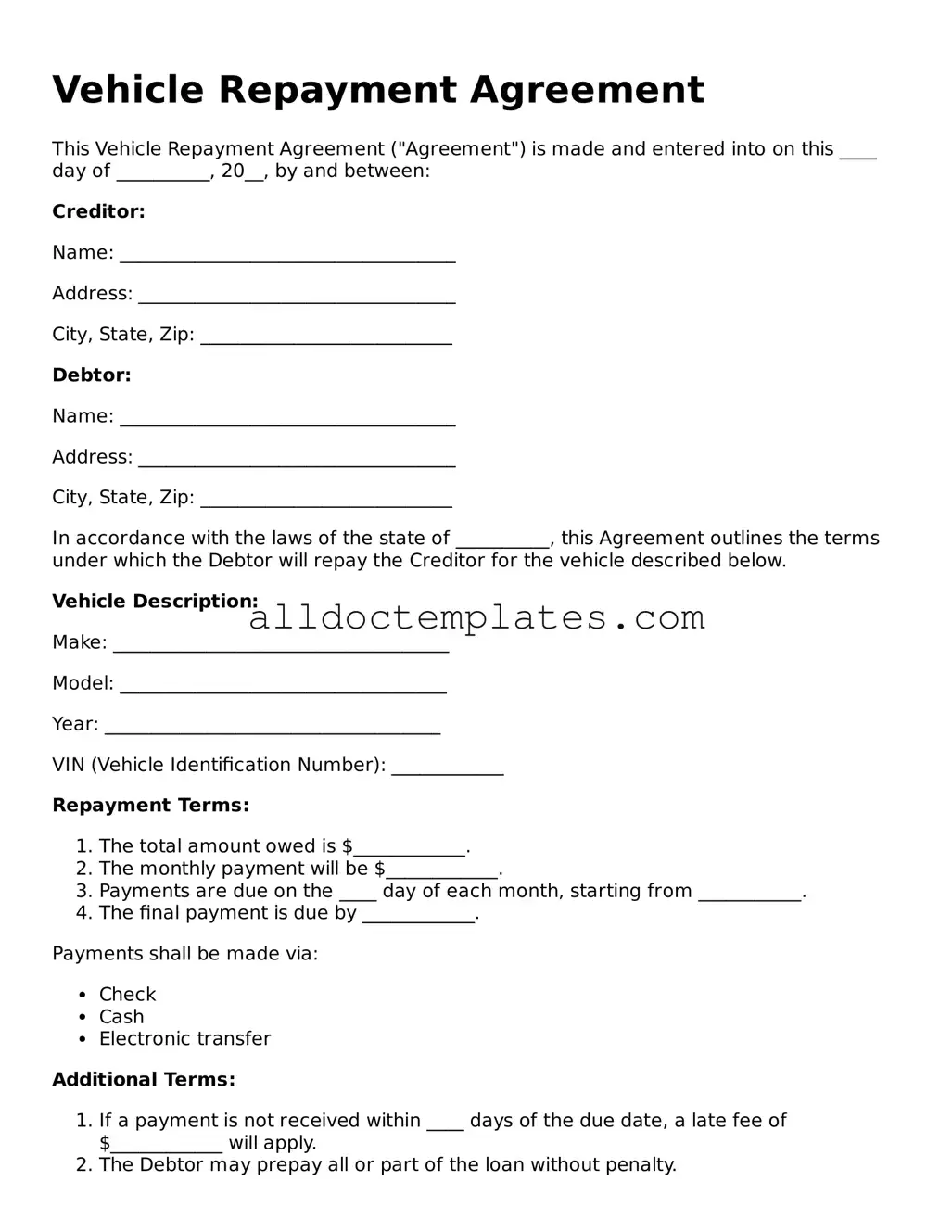 Valid Vehicle Repayment Agreement Template