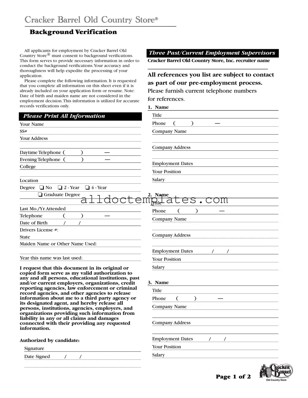 Fill in a Valid Cracker Barrel Background Check Form