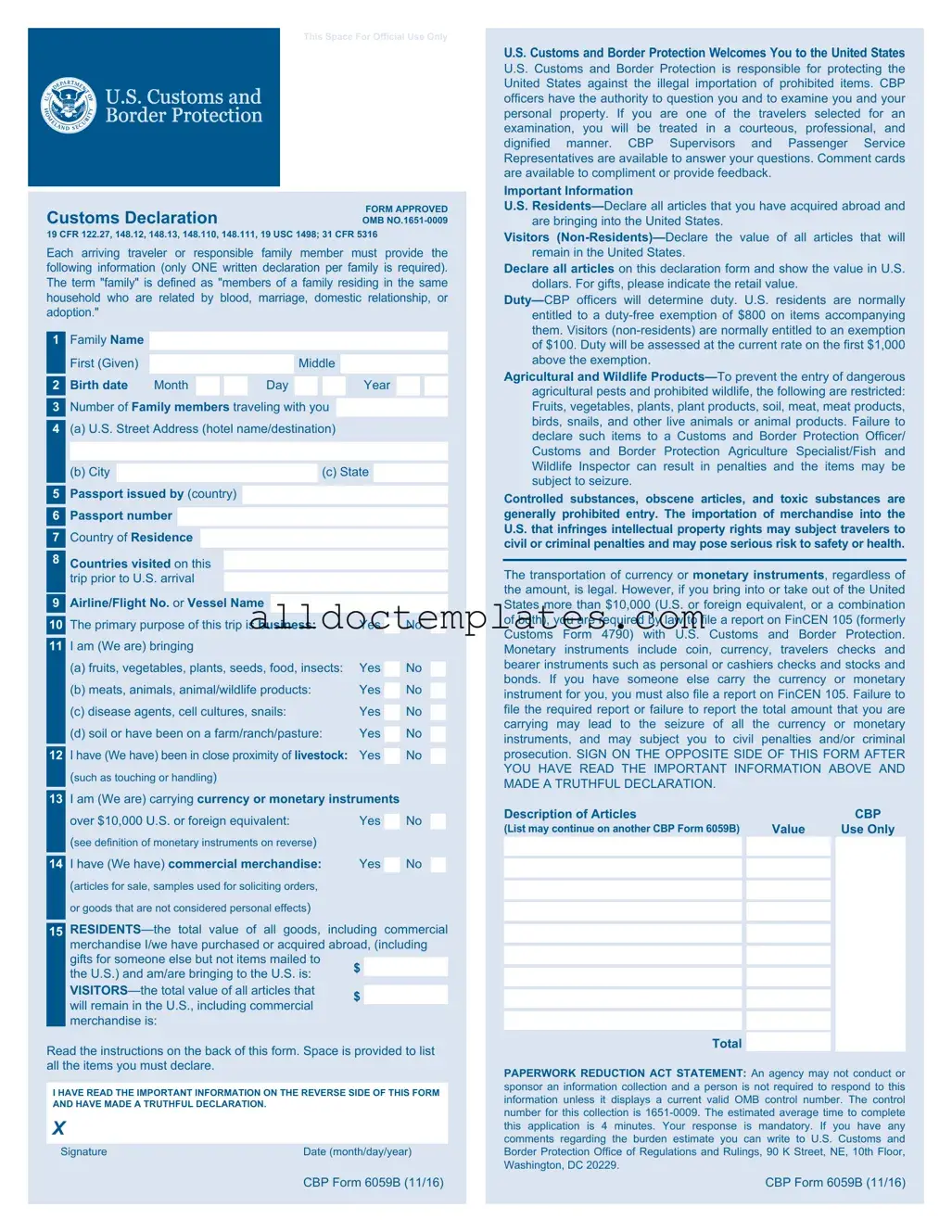 Fill in a Valid CBP 6059B Form