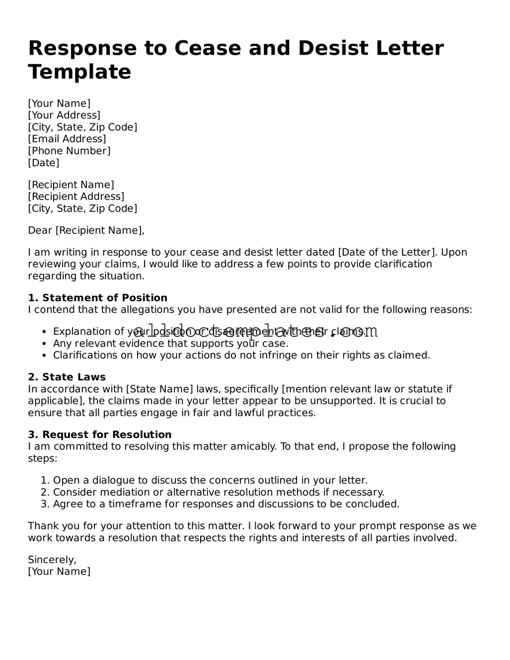 Valid Response to a Cease and Desist Letter Template