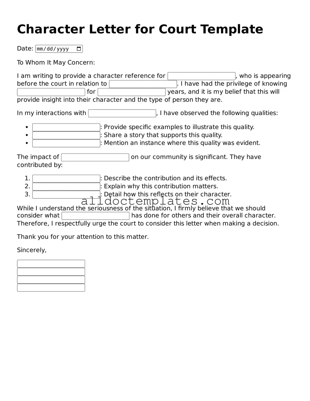 Valid Character Letter for Court Template