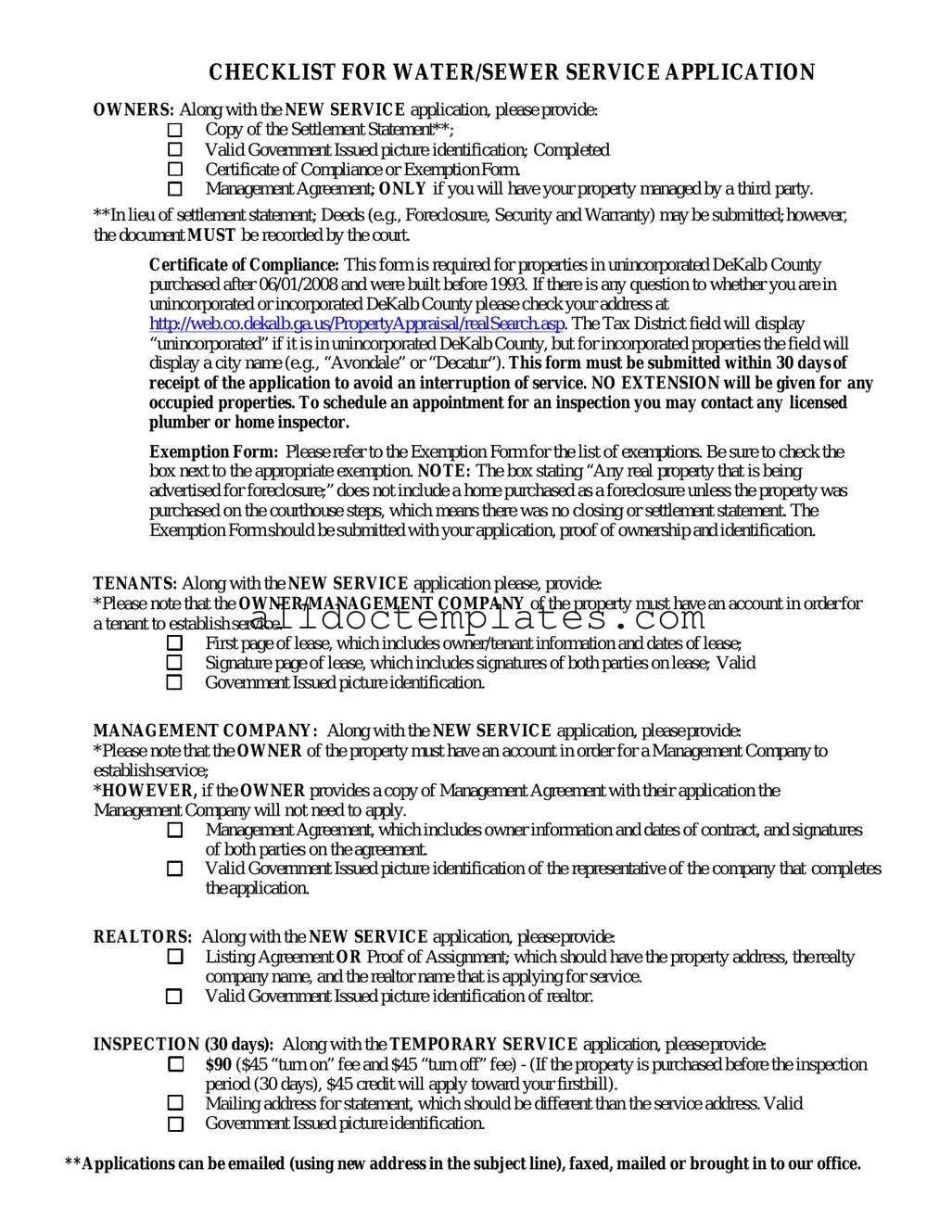 Fill in a Valid Dekalb County Water Application Form