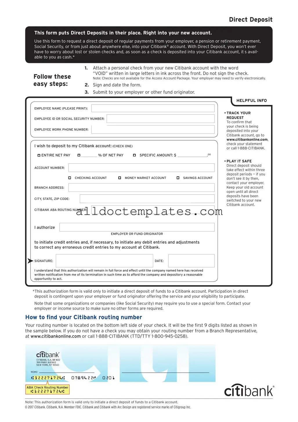 Fill in a Valid Citibank Direct Deposit Form
