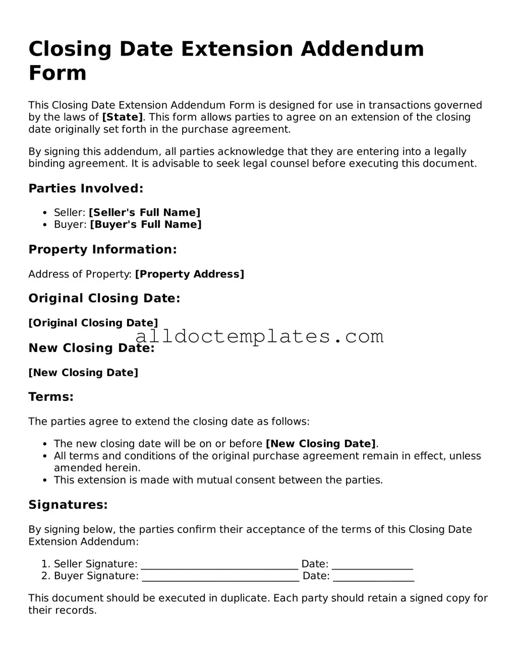 Valid Closing Date Extension Addendum Form Template
