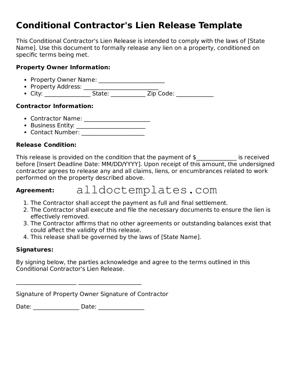 Valid Conditional Contractor’s Lien Release Template