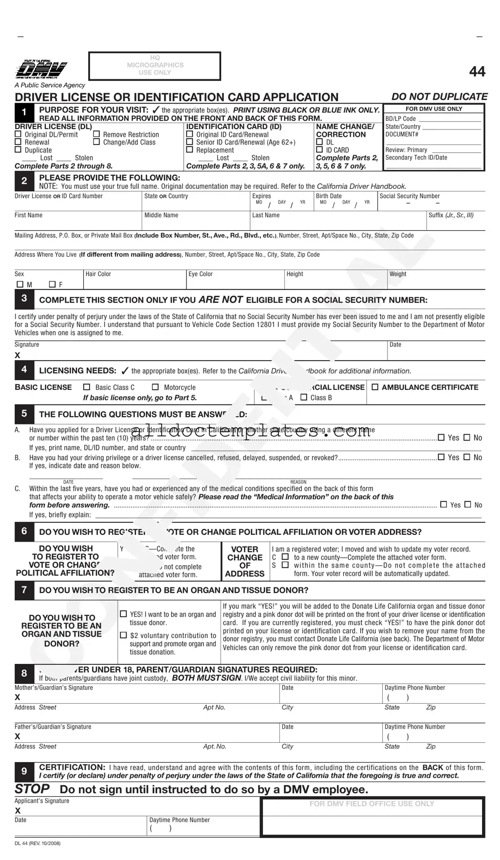 Fill in a Valid Ca Dmv Dl 44 Form