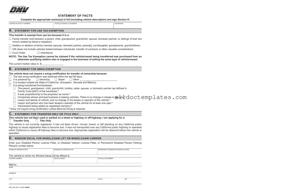 Fill in a Valid Dmv Reg 256 Form