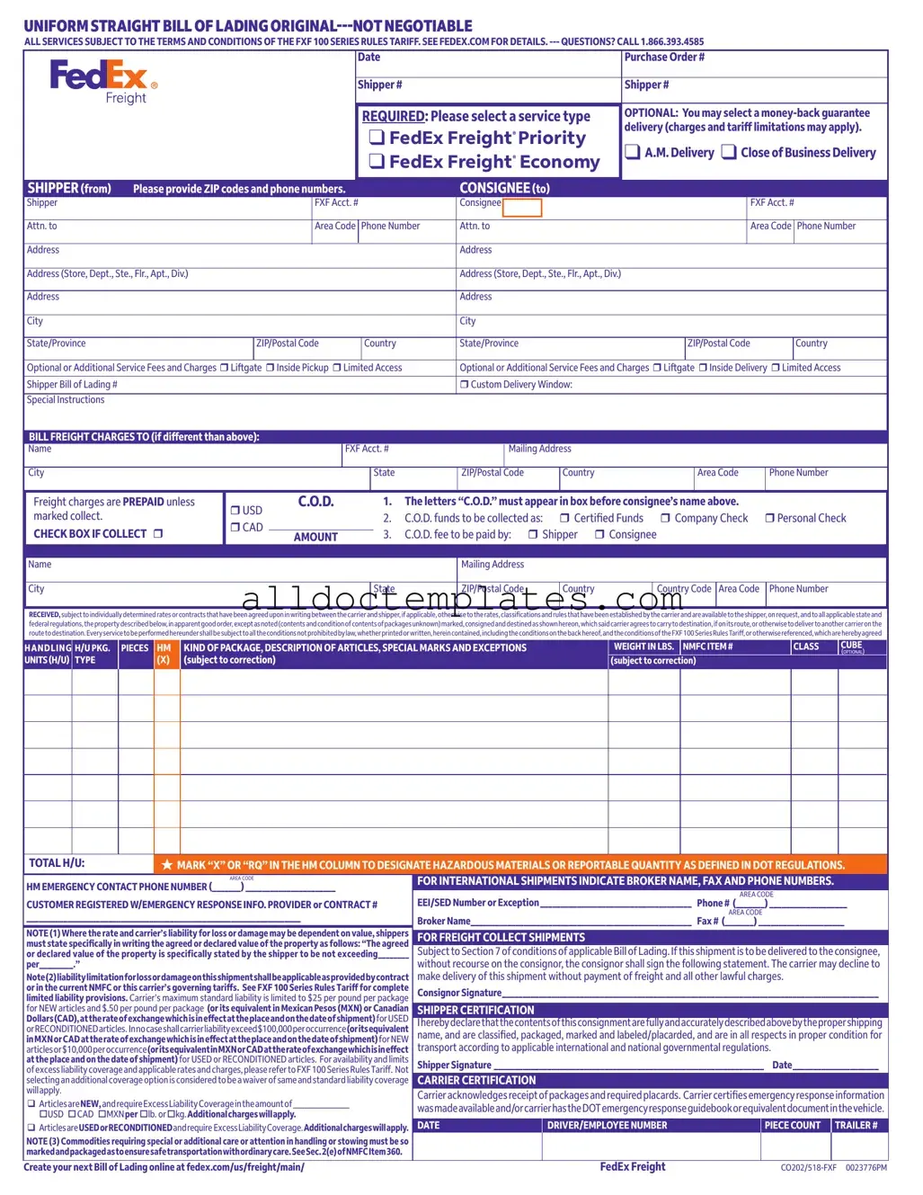Fill in a Valid Fedex Bill Of Lading Form