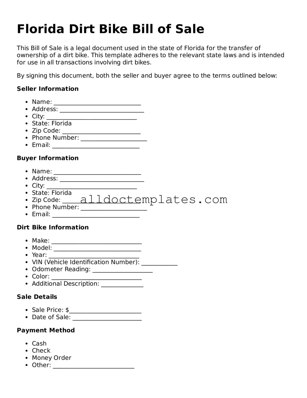 Free Dirt Bike Bill of Sale Document for Florida State