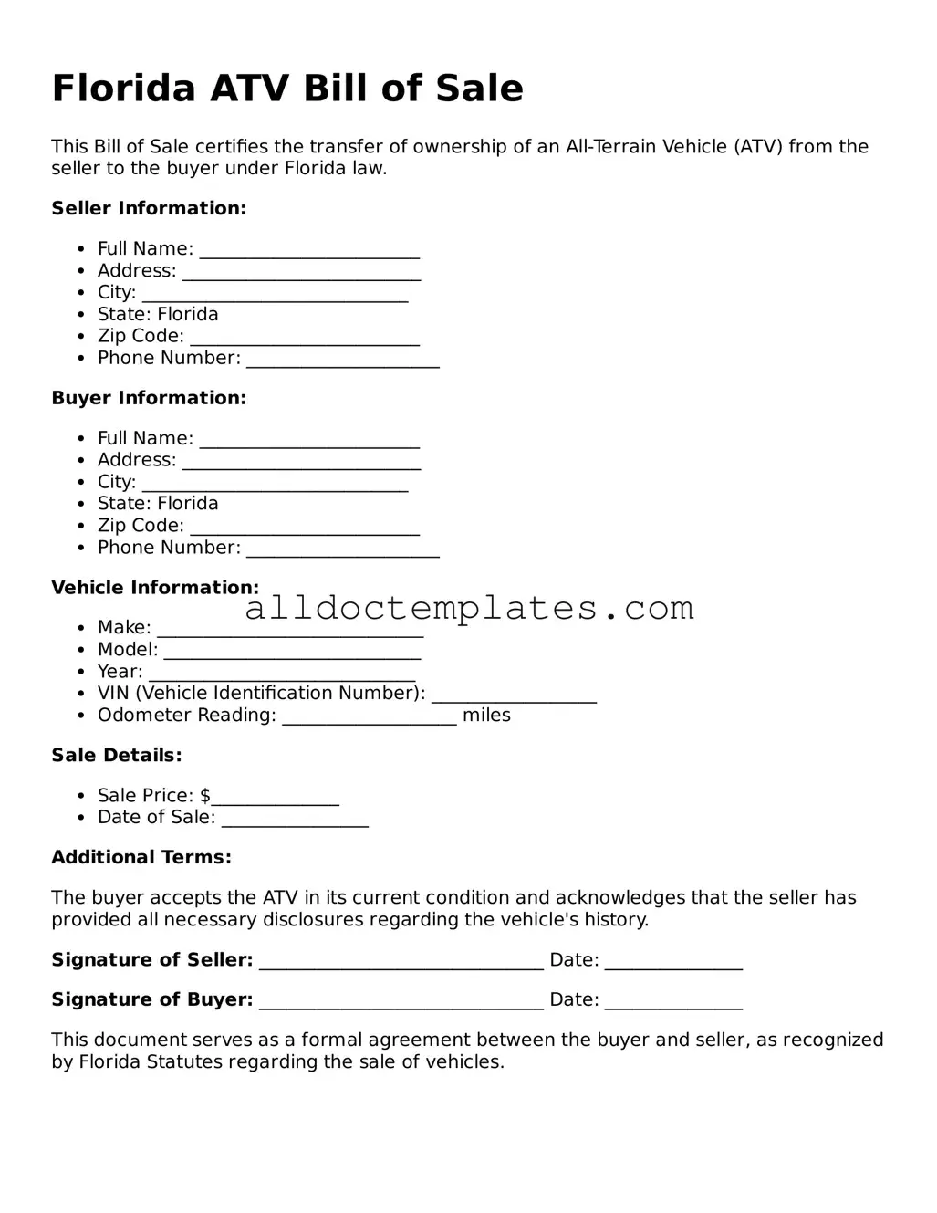 Free ATV Bill of Sale Document for Florida State