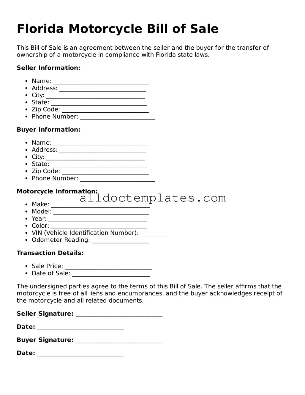 Free Motorcycle Bill of Sale Document for Florida State
