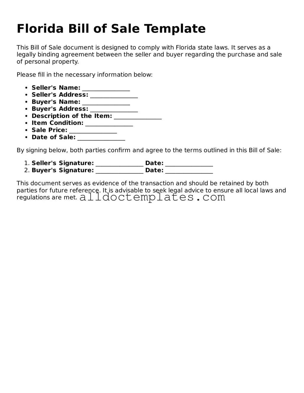Free Bill of Sale Document for Florida State