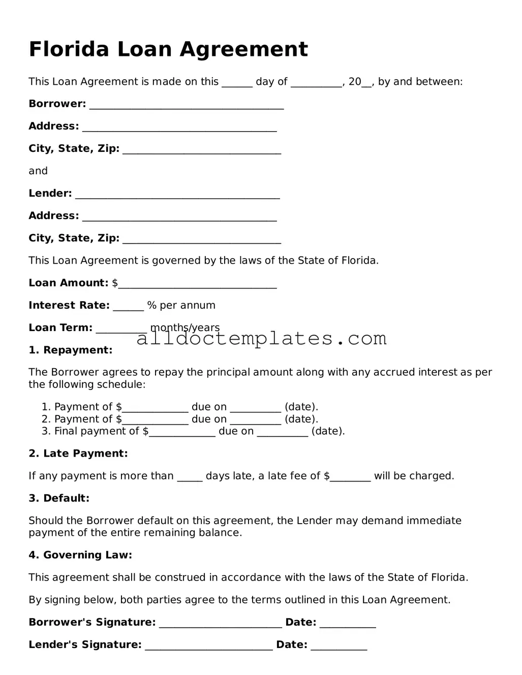 Free Loan Agreement Document for Florida State