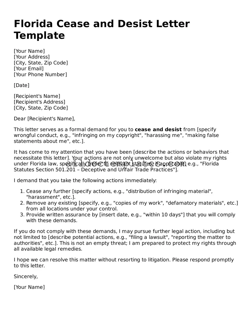 Free Cease and Desist Letter Document for Florida State