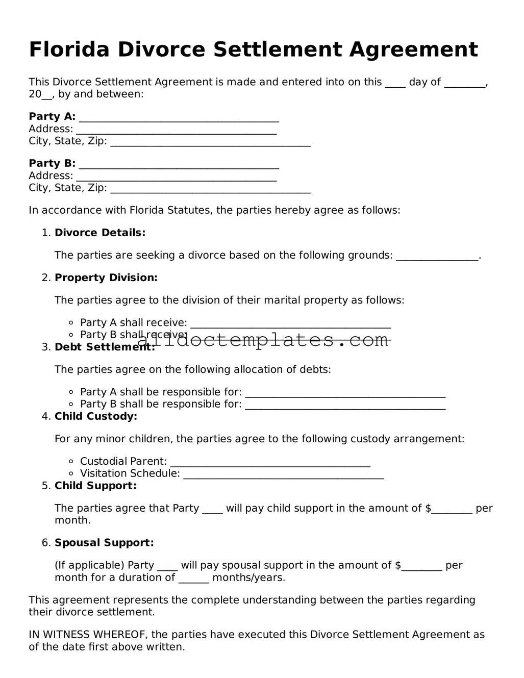 Free Divorce Settlement Agreement Document for Florida State