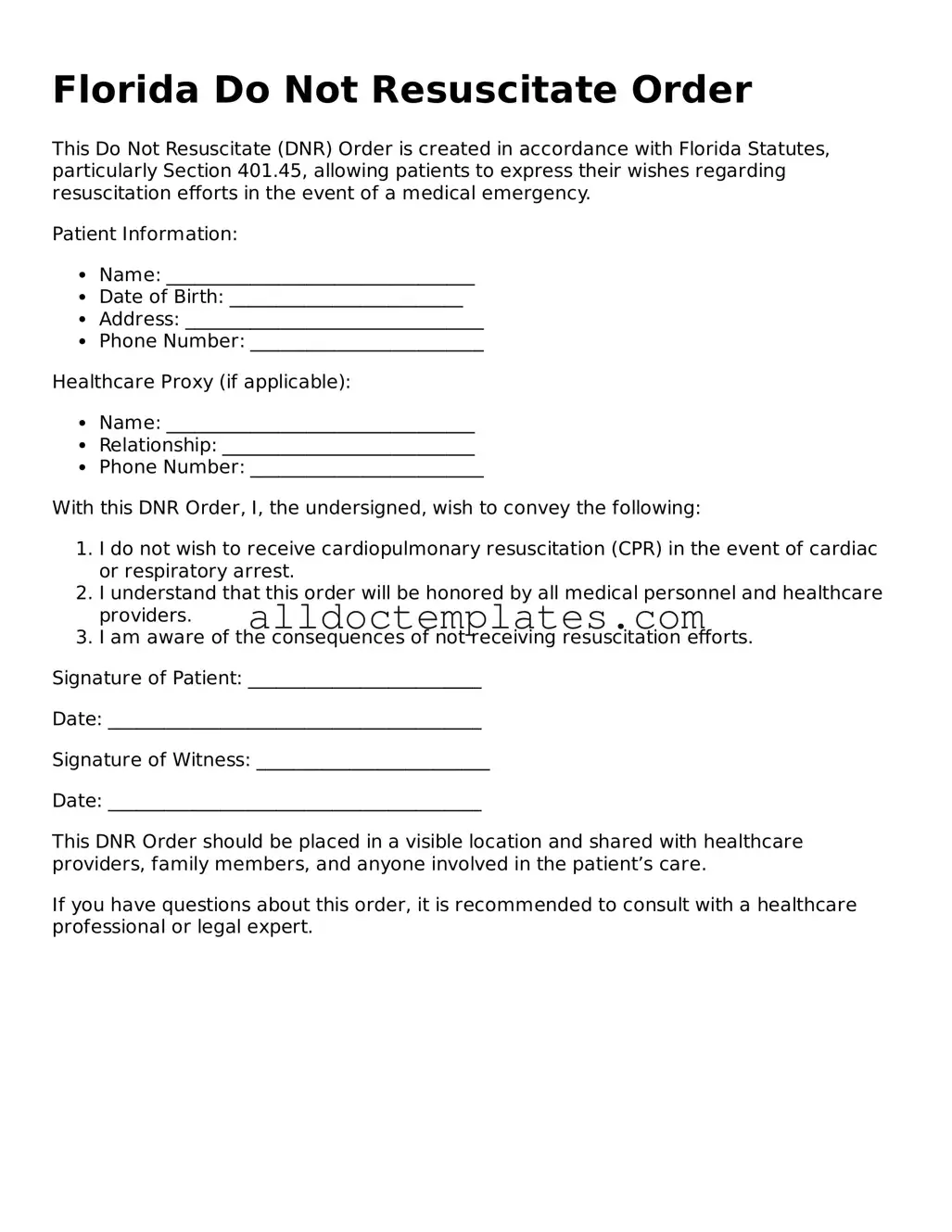Free Do Not Resuscitate Order Document for Florida State