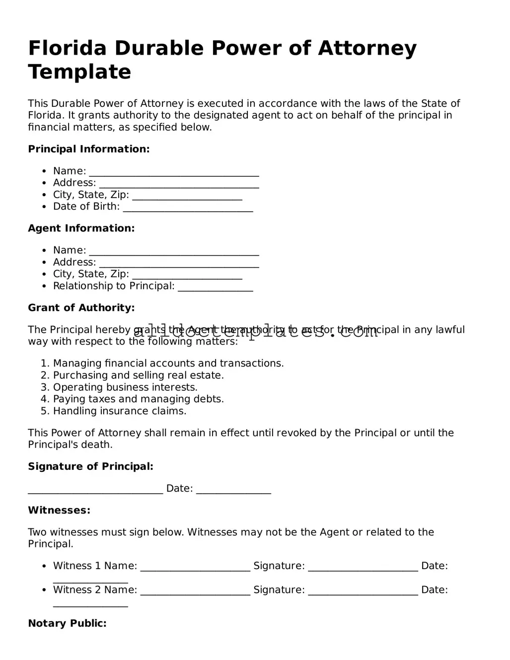 Free Durable Power of Attorney Document for Florida State