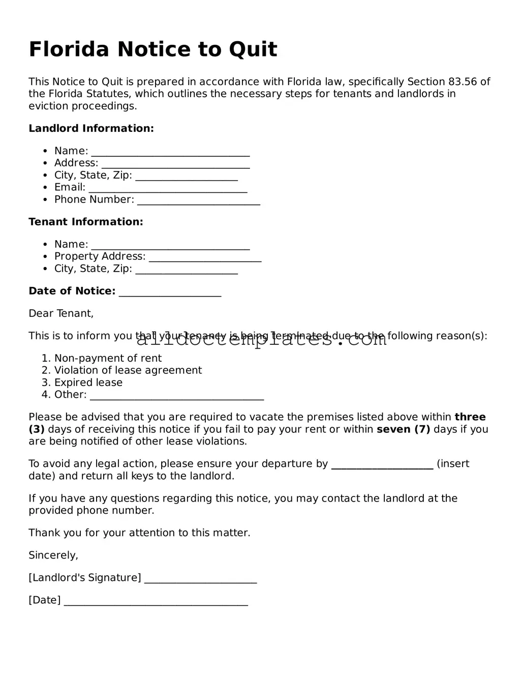 Free Notice to Quit Document for Florida State