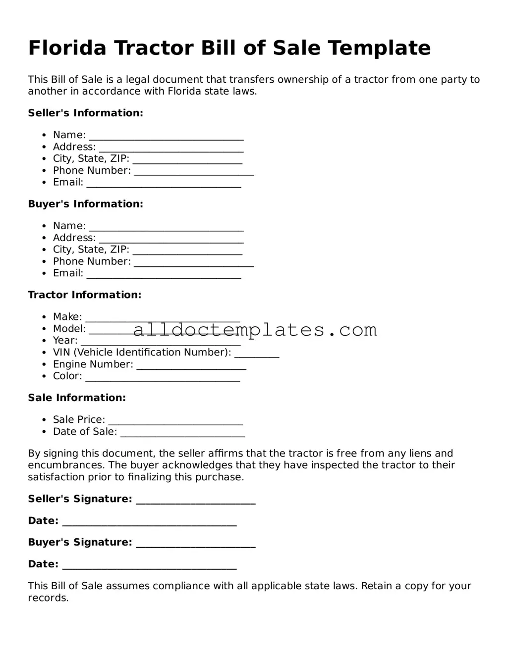 Free Tractor Bill of Sale Document for Florida State