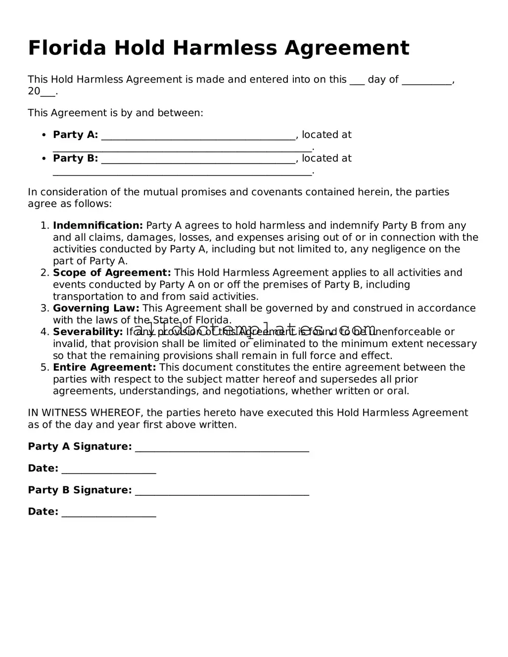 Free Hold Harmless Agreement Document for Florida State