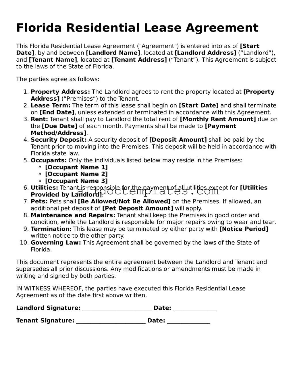 Free Residential Lease Agreement Document for Florida State