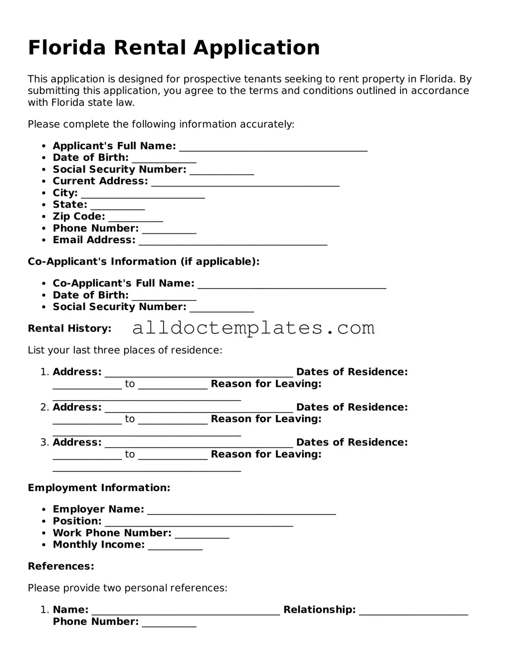 Free Rental Application Document for Florida State