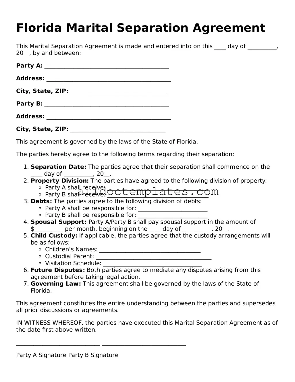 Free Marital Separation Agreement Document for Florida State