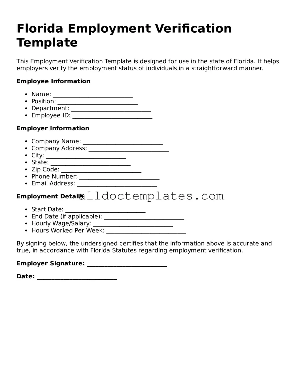 Free Employment Verification Document for Florida State