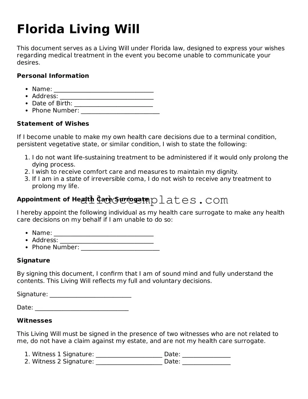 Free Living Will Document for Florida State