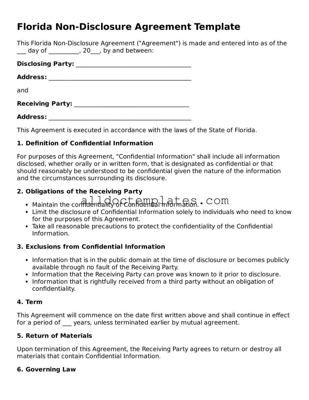 Free Non-disclosure Agreement Document for Florida State