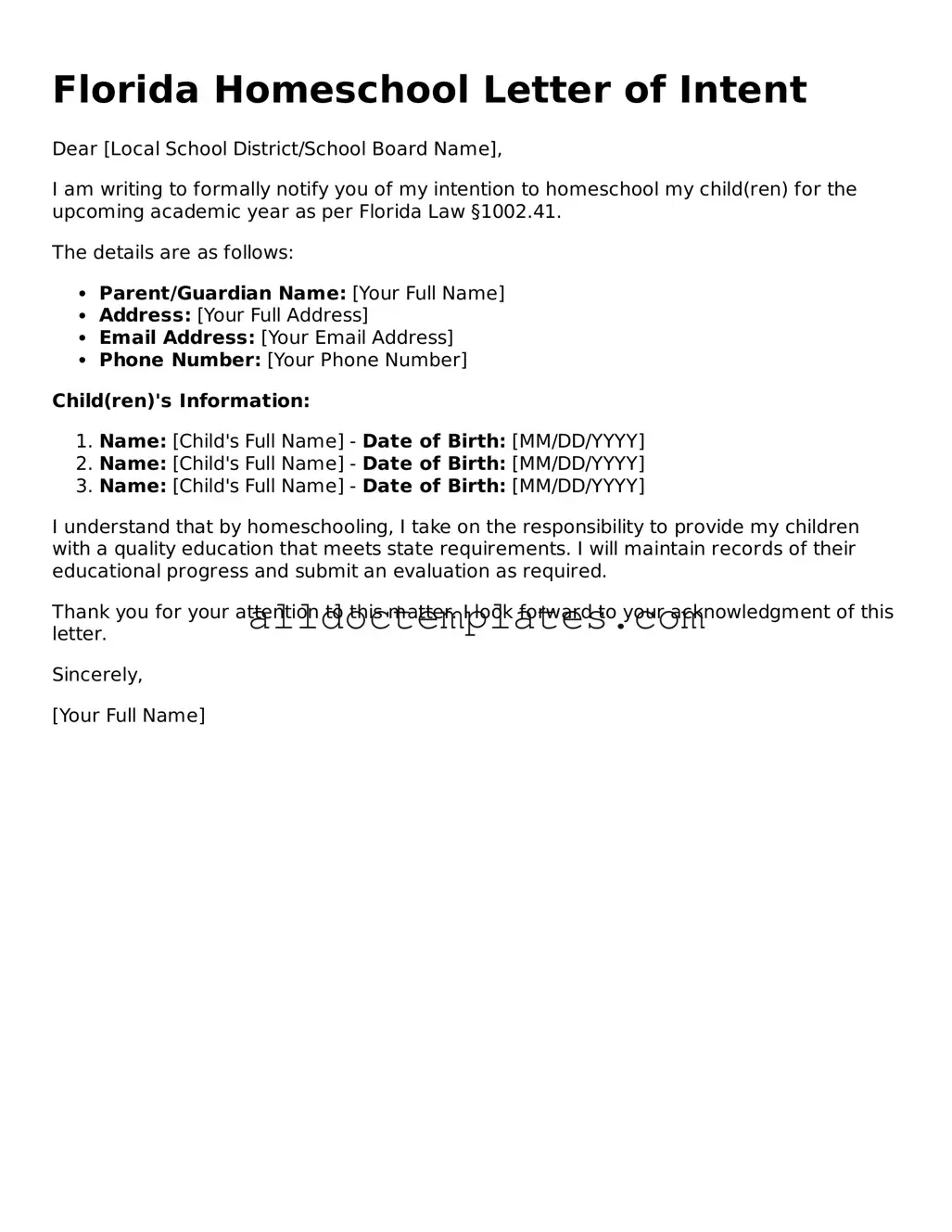 Free Homeschool Letter of Intent Document for Florida State