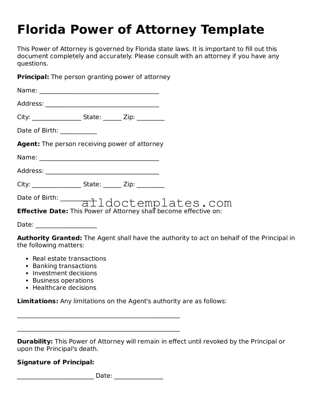 Free Power of Attorney Document for Florida State