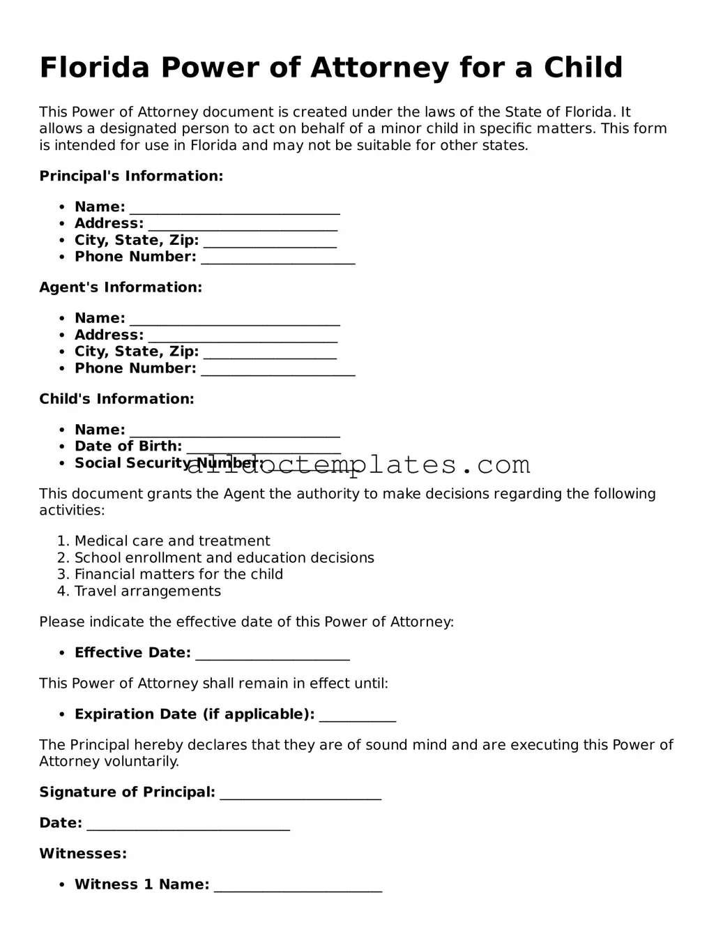 Free Power of Attorney for a Child Document for Florida State