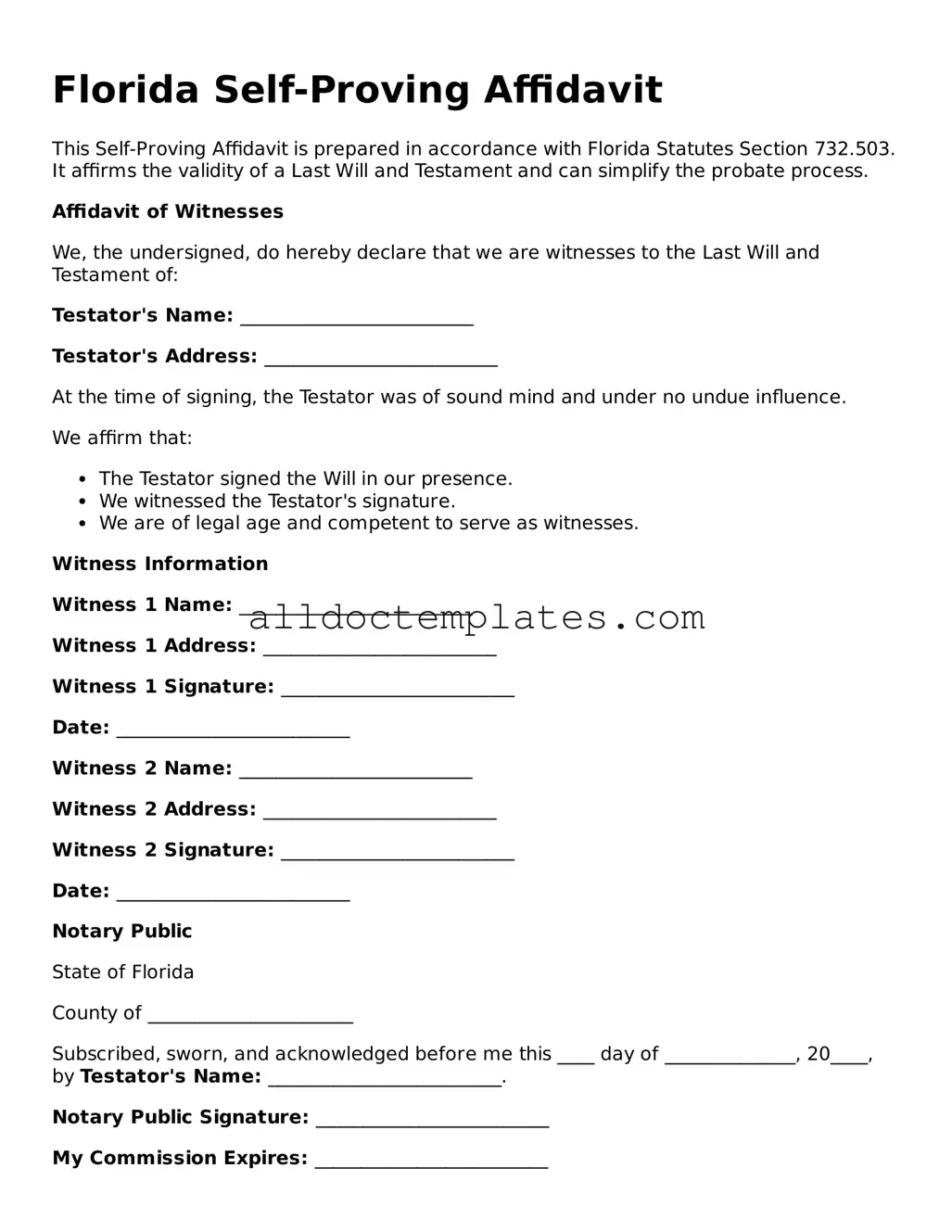 Free Self-Proving Affidavit Document for Florida State