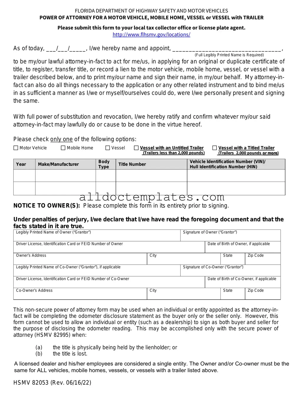 Fill in a Valid Florida Vehicle POA form 82053 Form