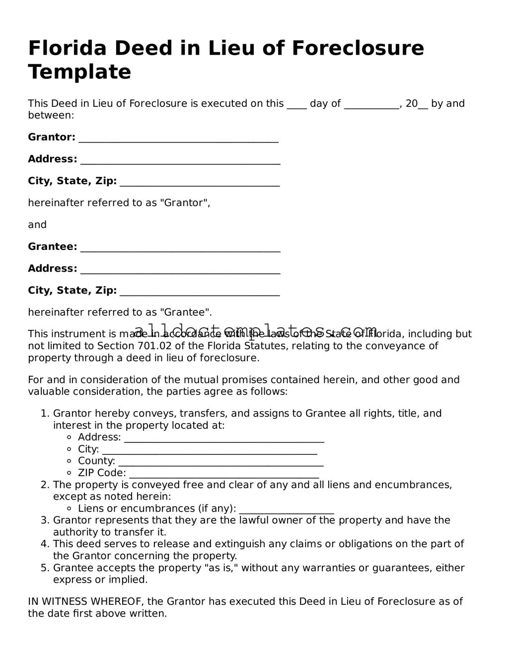 Free Deed in Lieu of Foreclosure Document for Florida State